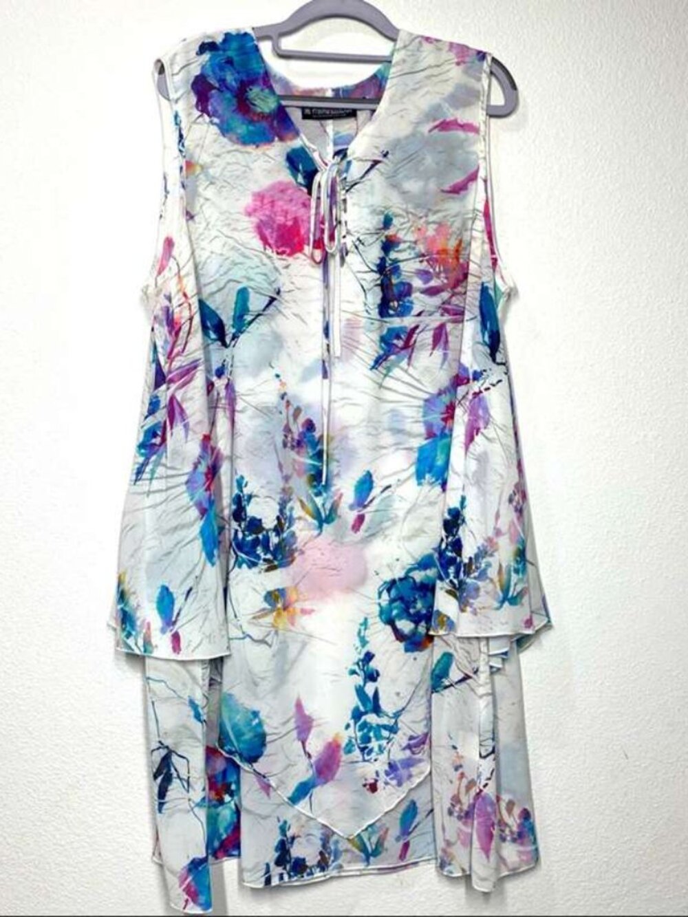 Floral Watercolor Cold Shoulder Tunic Dress Tie Neck